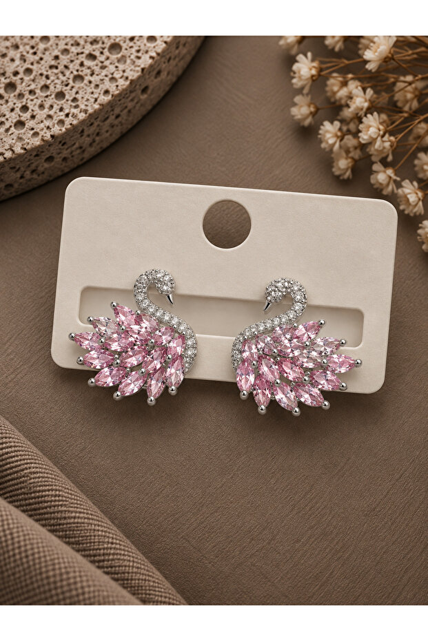 Pink Zircon Stone Silver Swan Model Women's Earrings
