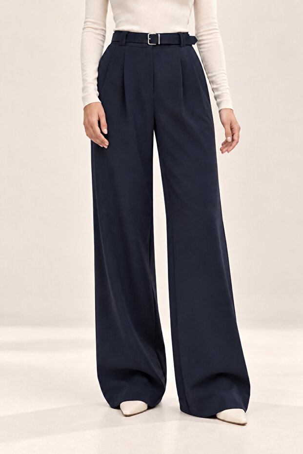 Women's Belted Lycra Navy Blue Palazzo Pants