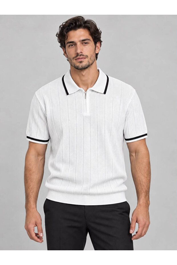 Zippered Polo Collar Short Sleeve Knitwear T-Shirt