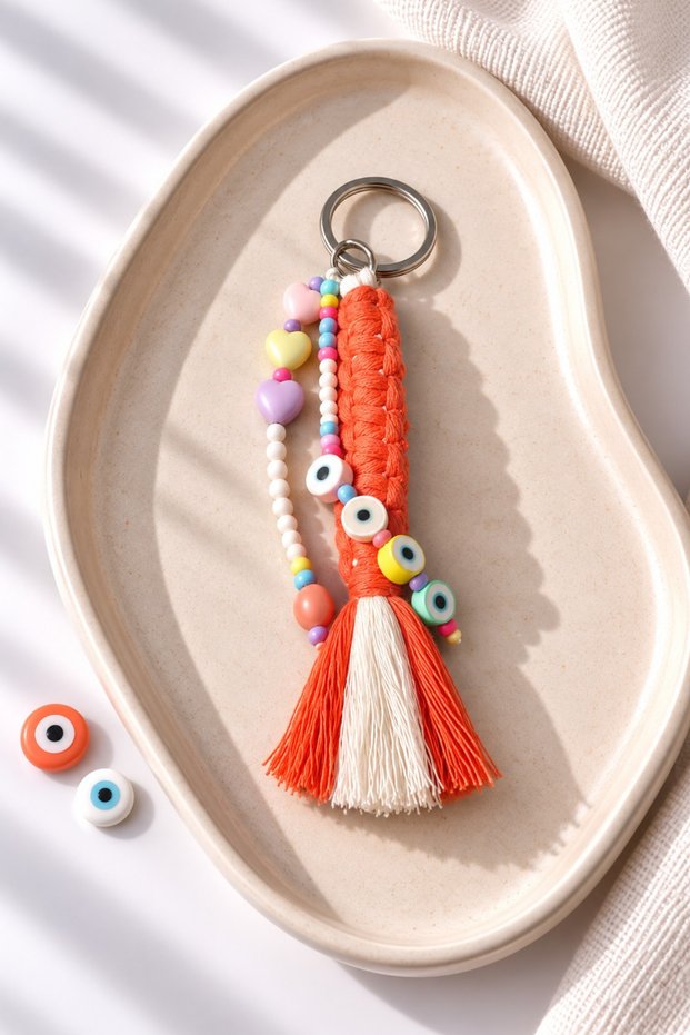 Evil Eye and Heart Beaded - Double Braided Macrame Charm Keychain/Bag Charm