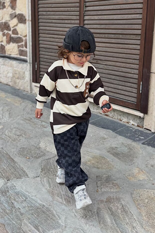 Teddy Bear Embroidered Striped Polo Sweatshirt & Checkered Jeans Unisex Kids 2-Piece Set - Brown
