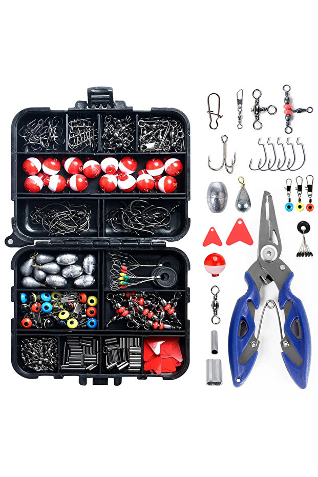 Red 263pcs Outdoor Fishing Accessories Set With Tackle Box Including Plier Jig Hooks Sinker Weight S