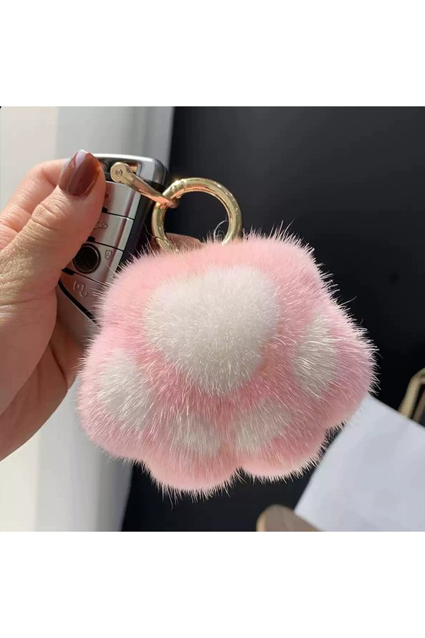 pinkwhite Lovely Fluffy Cat Paw Keychain Fur Hair Pompon Keychain For Women Girls Cute Animal Paw Pe