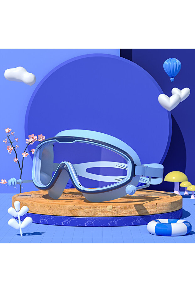 Dark blue Professional Anti Fog Swimming Goggles with Earplugs Wide View Big Frame Diving Eyewear fo