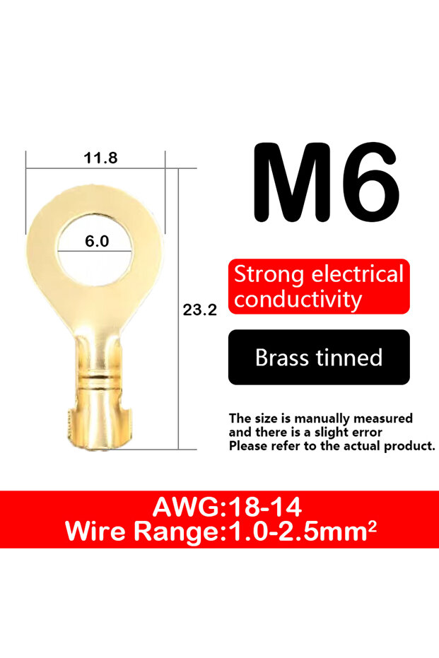 100 M6(G) O-type Ground Lugs Terminal Cold-Pressed Copper Tab Wiring Nose Wire Lugs Crimp Wire Conne
