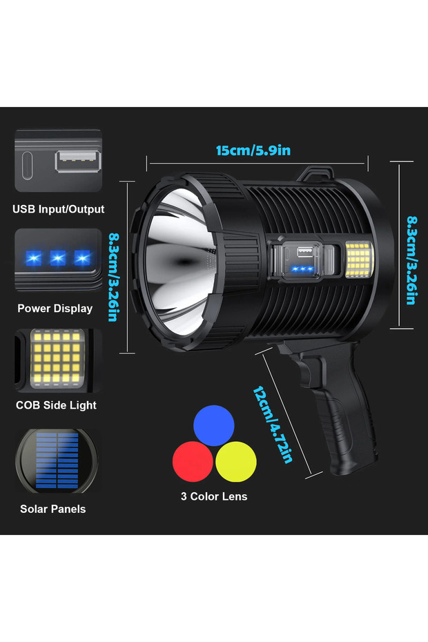 black W5112 Small Rechargeable Spotlight 900000 Lumens Led Spot Lights Handheld Large Flashlight Sup