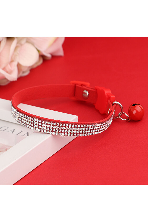 S Red Soft Pink Suede Leather Cat Collar - Cute Bling Rhinestone Design, with Bell & Safety Breakawa