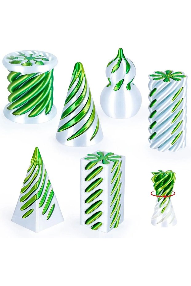 White Yellowgreen 6 Pack Spiral Cone Fidget Toys 3D Printed Impossible Passthrough Pyramid Pillar Go