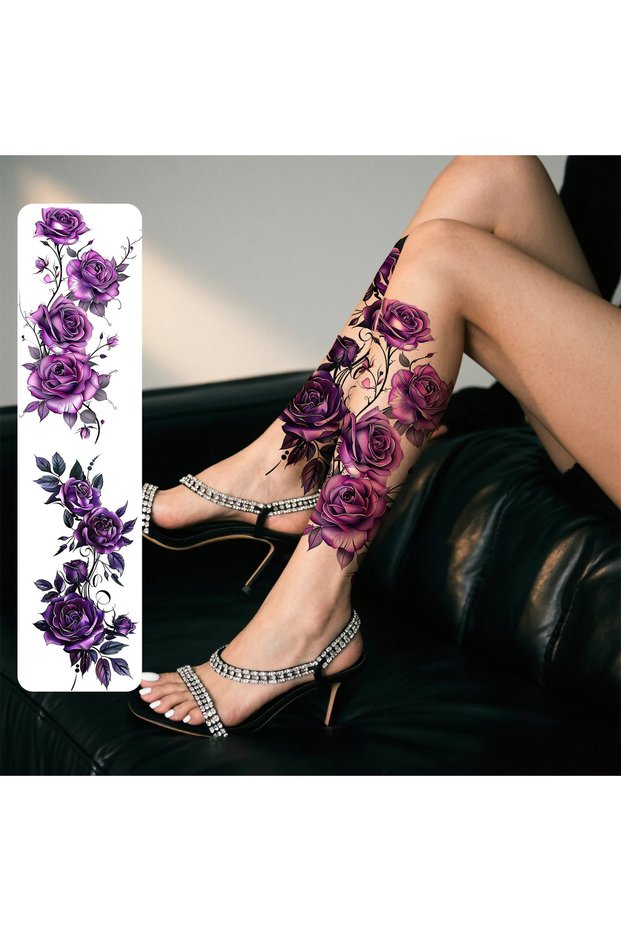 monochrome 2pcs Purple Flower Temporary Tattoo Stickers For Women, Waterproof & Long Lasting Fake Ta