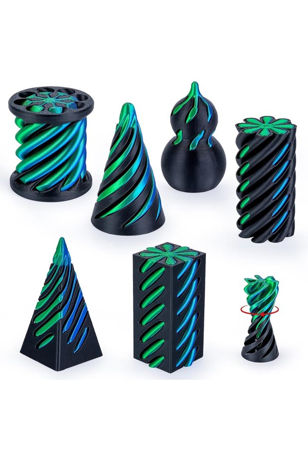Black BlueGreen 6 Pack Spiral Cone Fidget Toys 3D Printed Impossible Passthrough Pyramid Pillar Gour