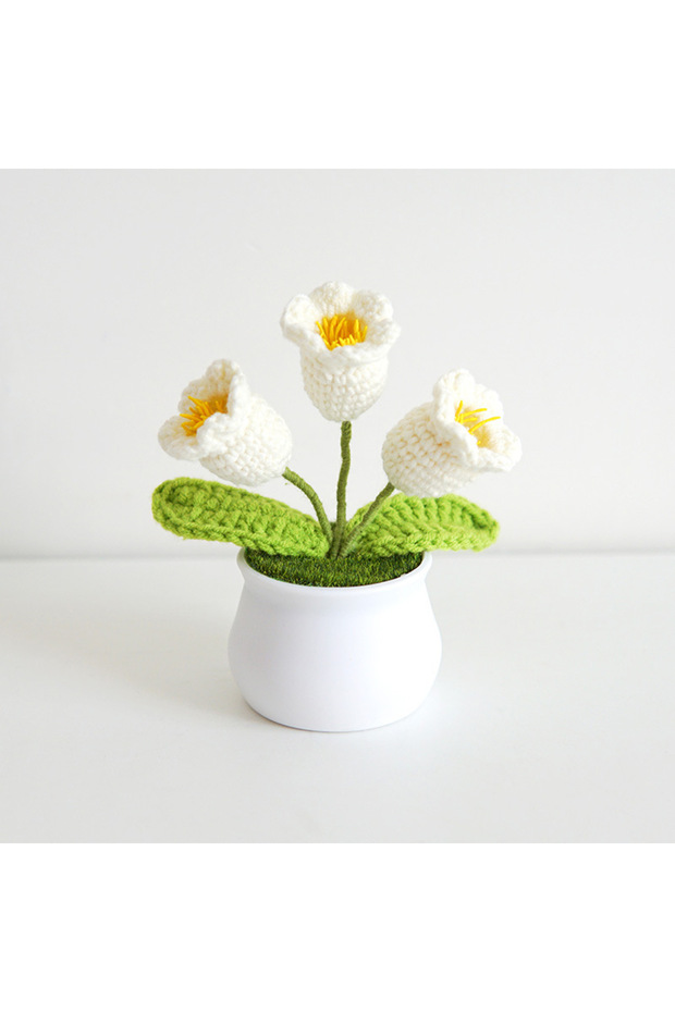 WHITE Handmade Crochet Lily Of The Valley Potted Finished Woven Bouquet Artificial Knitted Flower Gi