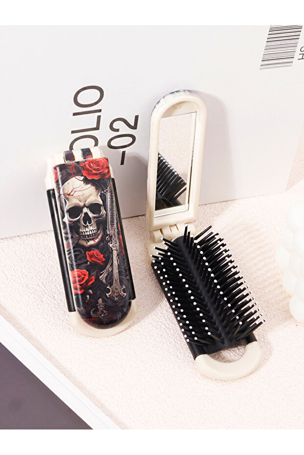 XBZDJS-L008 XMKL 1pc Skeleton Flower Cross Pattern Folding Haircomb with Built in Mirror for Gentle