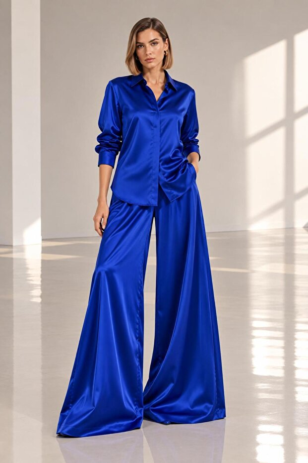 Long Sleeve Shirt Pants Stylish Satin Set Cou-106