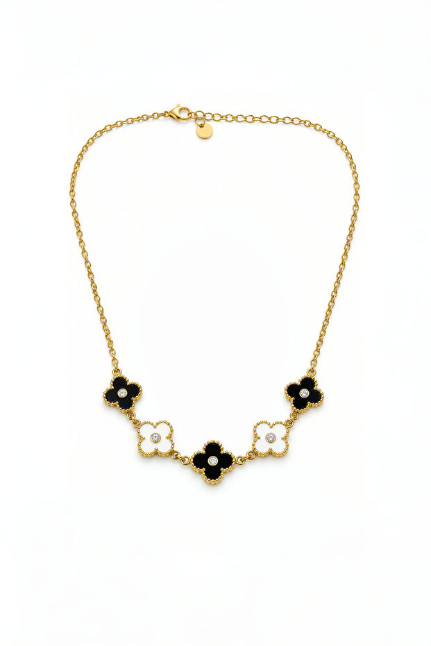 Stainless Steel Black and White Clover Detailed Stone Women's Necklace 45 cm