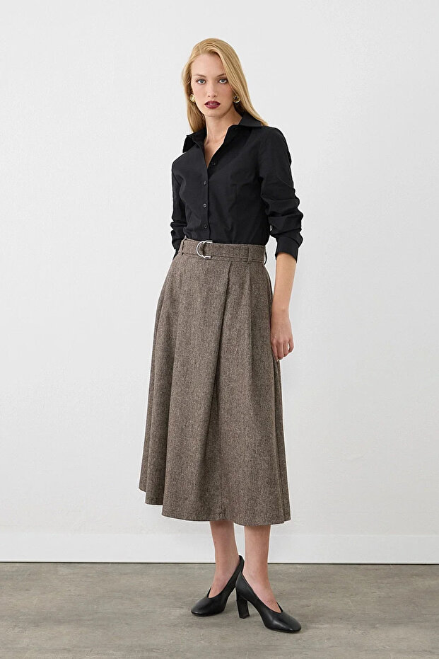 Woolen Long Flared Skirt - Brown