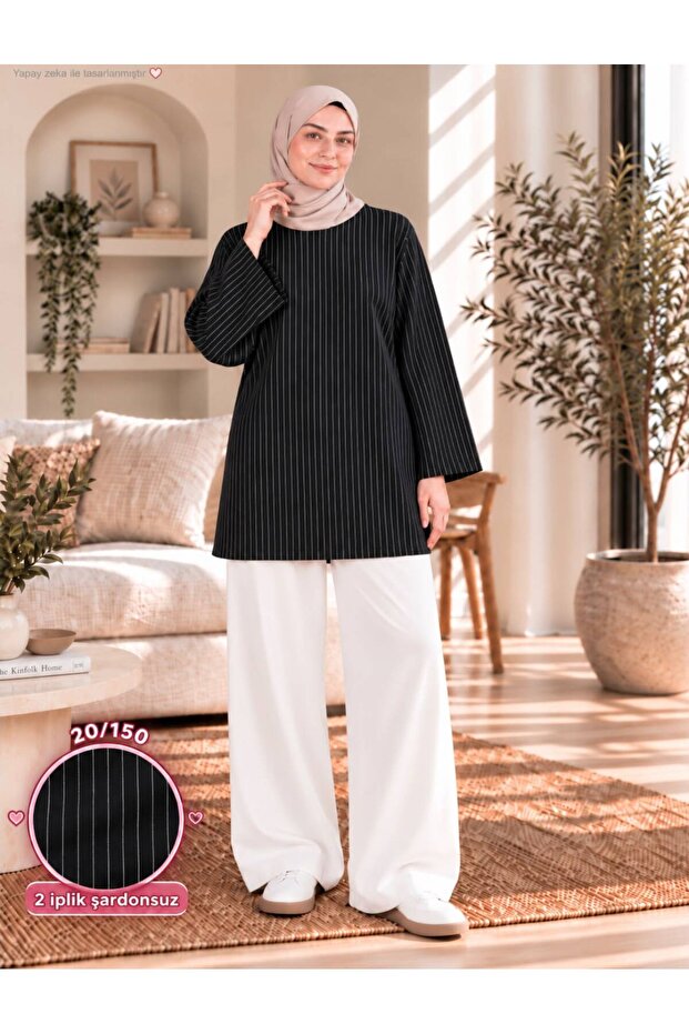Women's Vertical Thin Striped Hijab Tunic 2 Yarns