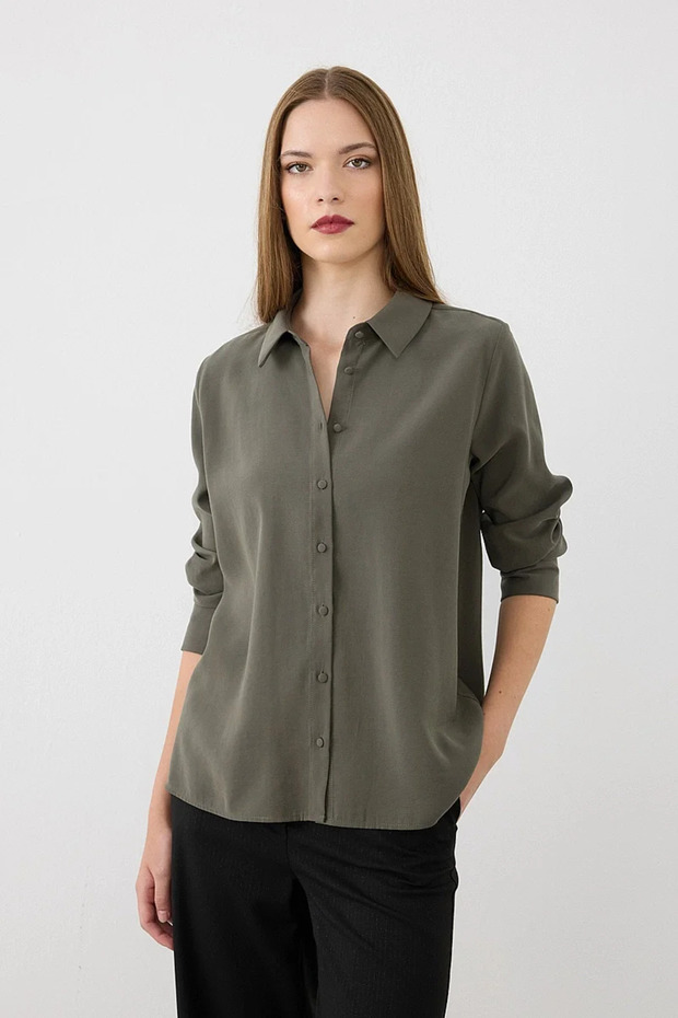 Classic Cut Viscose Shirt - Khaki