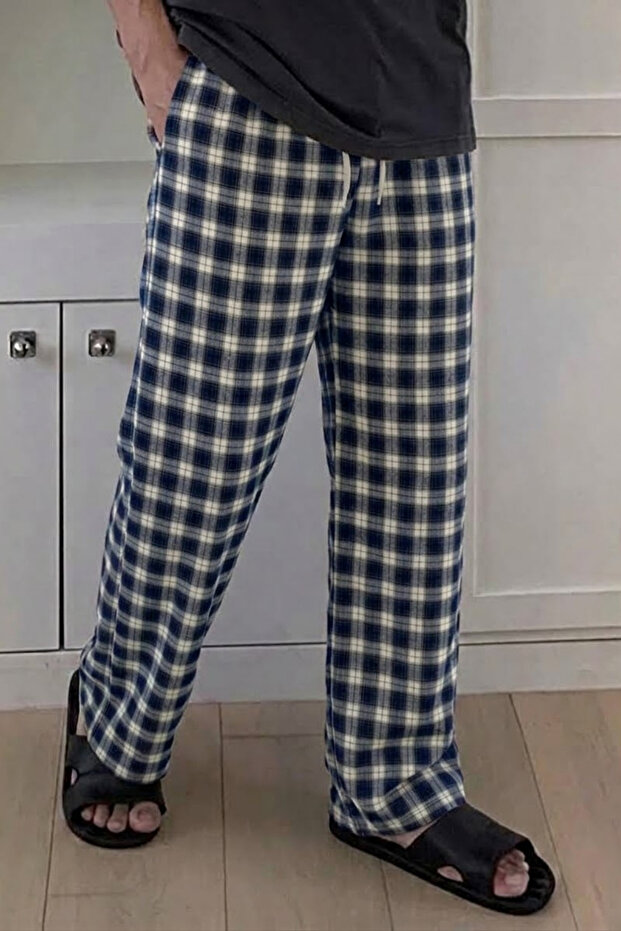Men's Blue Plaid Patterned Comfortable Fit Cotton Trousers