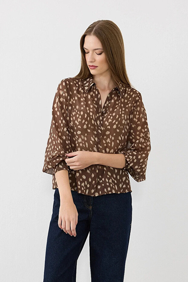 Bambi Pattern Balloon Sleeve Chiffon Shirt - Brown