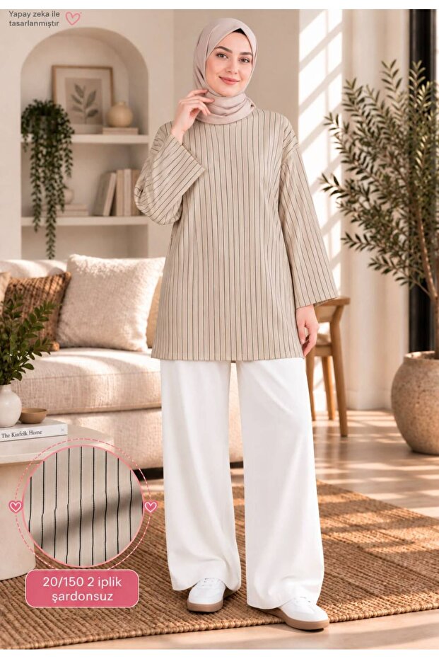 Women's Vertical Thin Striped Hijab Tunic 2 Yarns