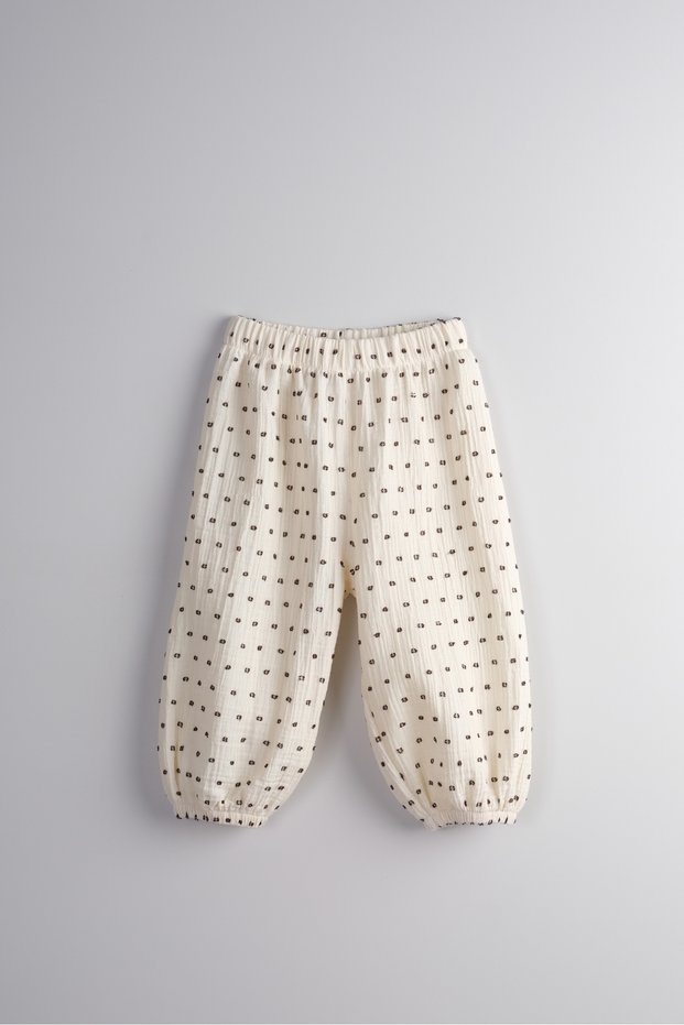 100% Cotton Muslin Fabric Baby Girl and Child Loose-Fit Trousers (Black Polka Dots)