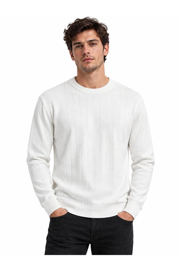 Men's Optical White Crew Neck Vertical Striped Knitwear Sweater