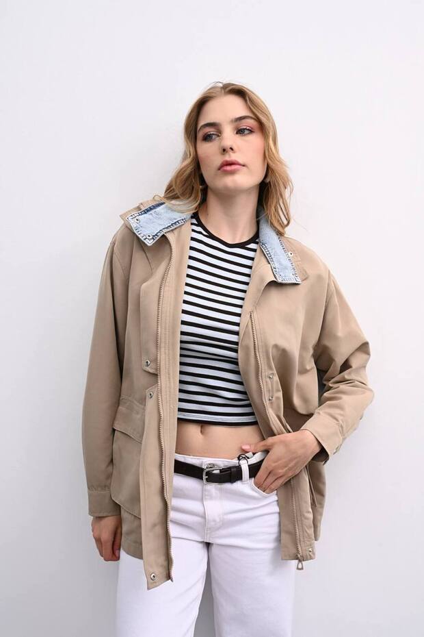 Denim Detailed Trench Jacket Vt-2879