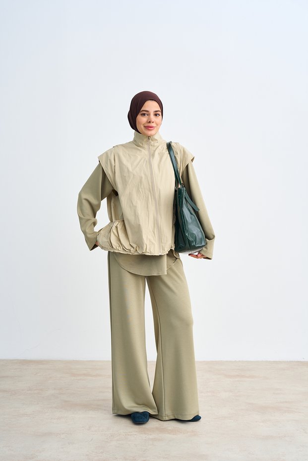 Women's Front Zipper Detailed Three-Piece Vest Set Green