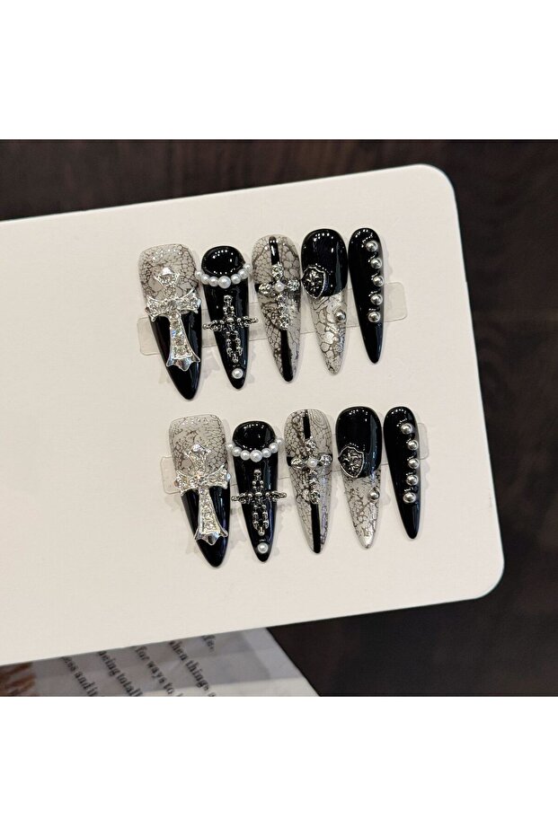 792-S 10PCS Stiletto Handmade Press On Nails, Cross Y2K, Two-Dimensional Spice Girl Dark Wind, Suita