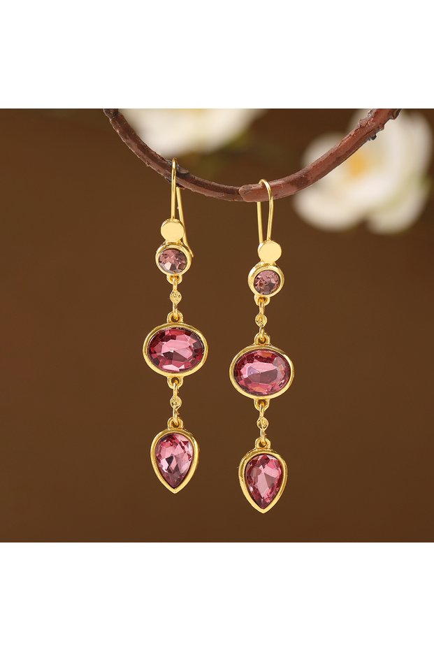 Gold-color Bohemian Three-Layer Drop Artificial Gemstone Long Pendant Women's Earrings, Suitable for