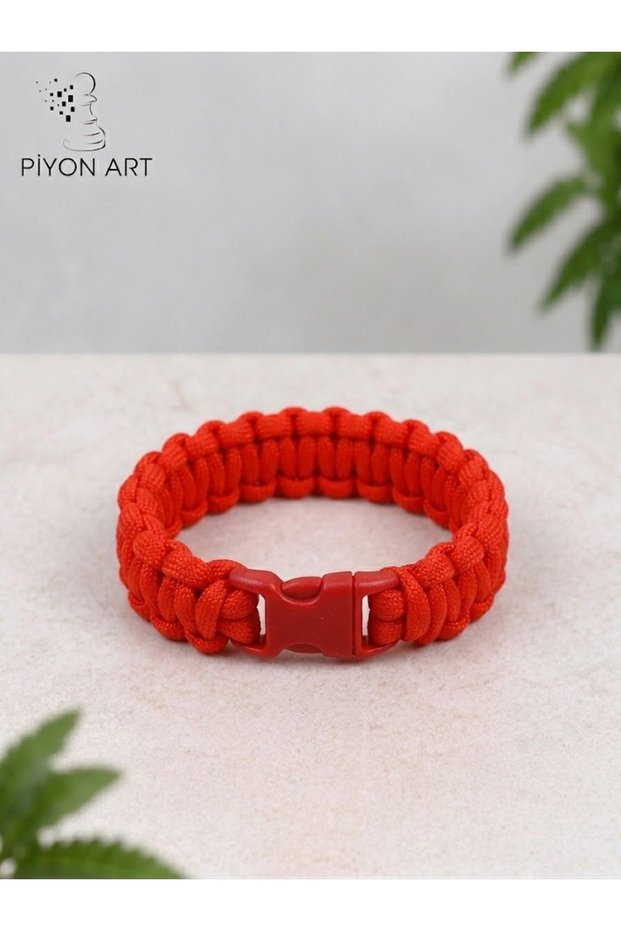 Handmade Red Paracord Parachute Cord Unisex Bracelet with Clip Outdoor Survival Jewelry L Size