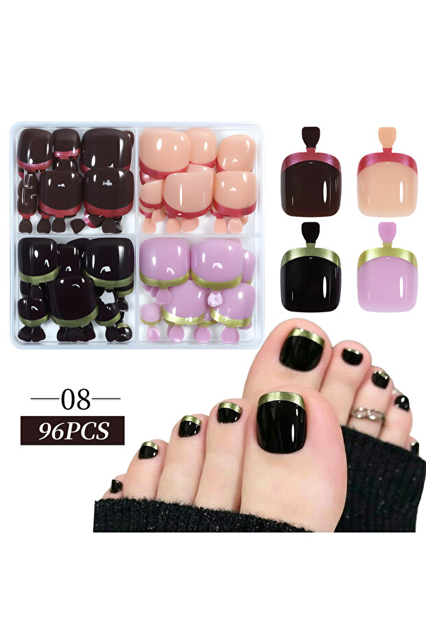 08 96pcs/Box French/Cat Eye Toe Nail Stickers Y2K Square Nail Tips Toe Press On Nails Pre-Designed S