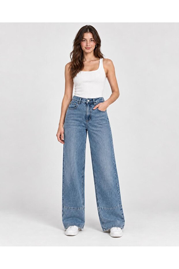 Women's Medium Blue Folded-Leg Wide-Leg Tencel Jean Pants