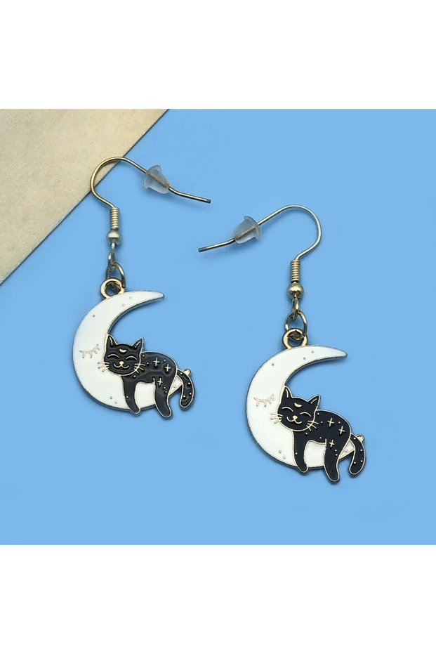 ER270 1 Pairs Halloween Horror Funny Black Cat Skull Cartoon Creative Personality Cat Sun Moon Drop