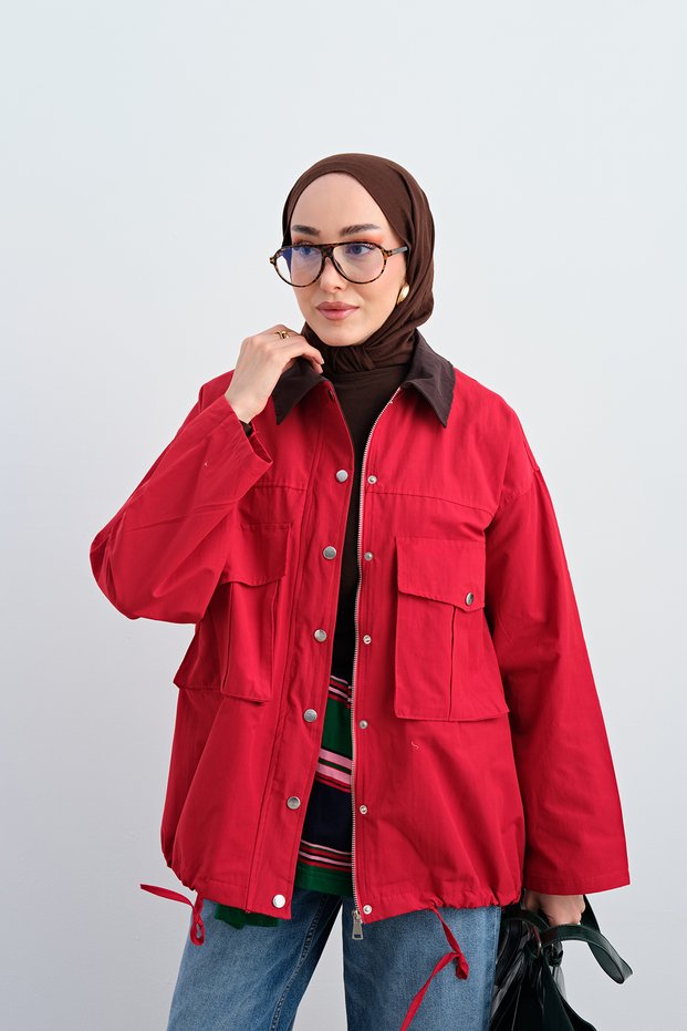 Women's Double Pocket Shirt Collar Snap Detail Hidden Zipper Jacket Red