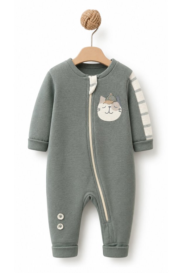 100% Organic Cotton Unisex Striped Zippered Baby Romper with Cat Detail, Long Sleeve Green Romper