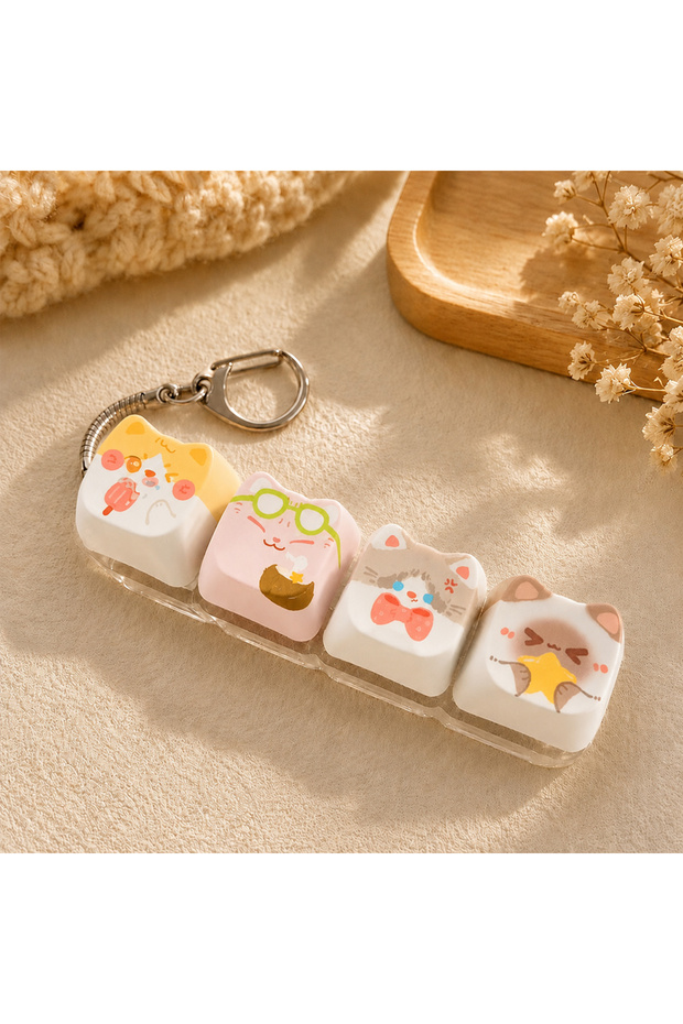 X Cute Cat Relax Button Keycap, Kawaii Cat 4-Key Keyboard Fidget Toy for Friends Gift, Portable Fidg