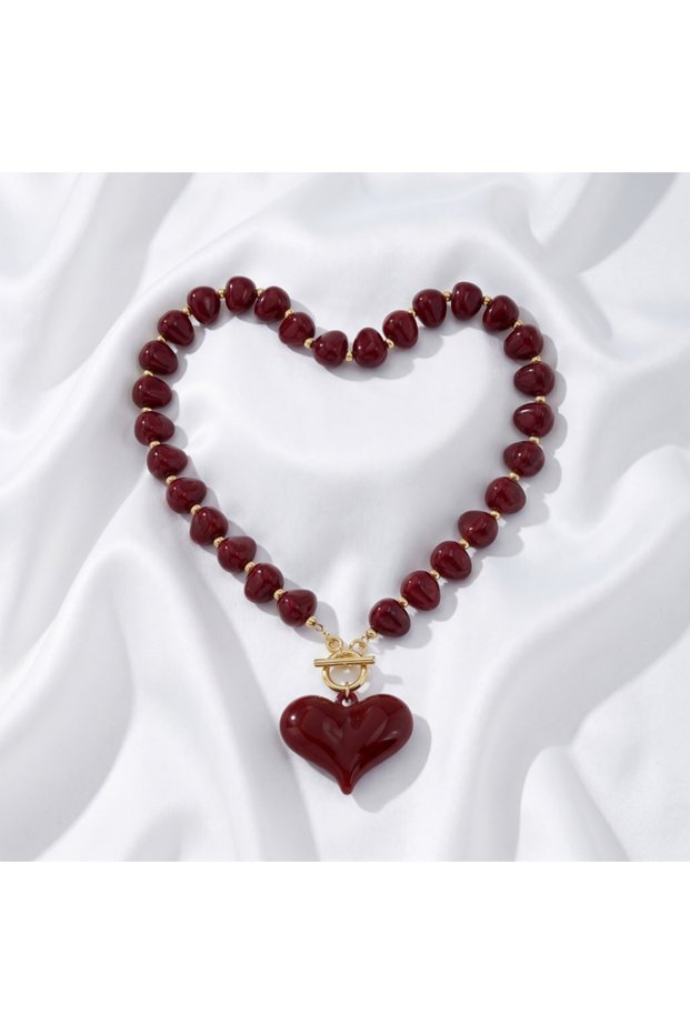 XL6130-2 Boho Green/Red/Cream Apricot Color Resin Beaded Necklace Chunky Heart Pendant Toggle Clasp