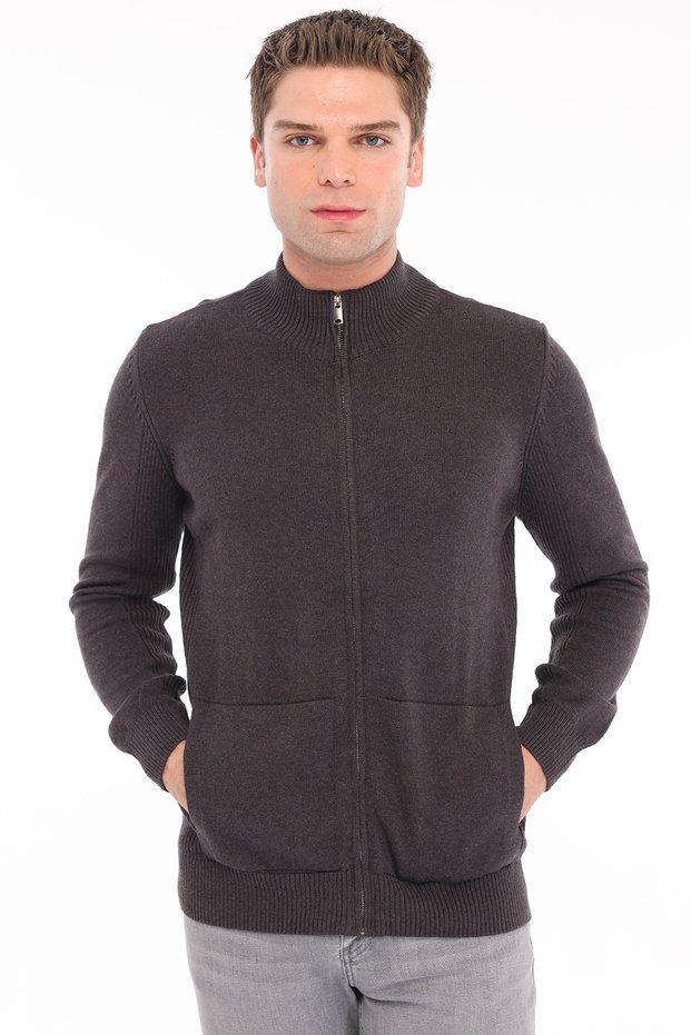Brown Men's 100% Cotton Plain Knit Ribbed Pocket Full Zipper Stand Collar Knitwear Cardigan Trist-1205