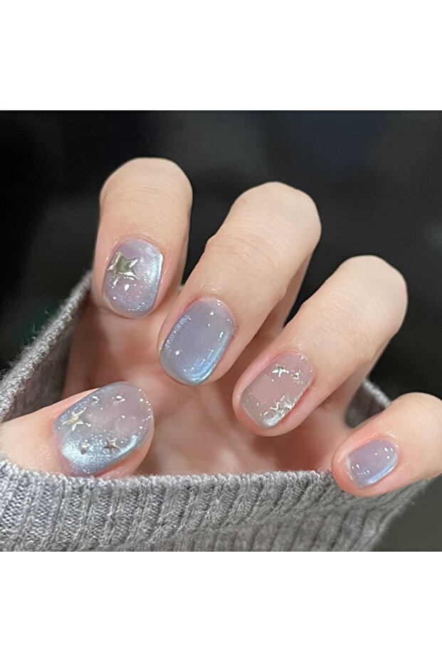 3809 Short Fake Nails for Women Gilrs Light Pink Blue Cat Eyes Glossy Oval Square Nail Tips Strawber