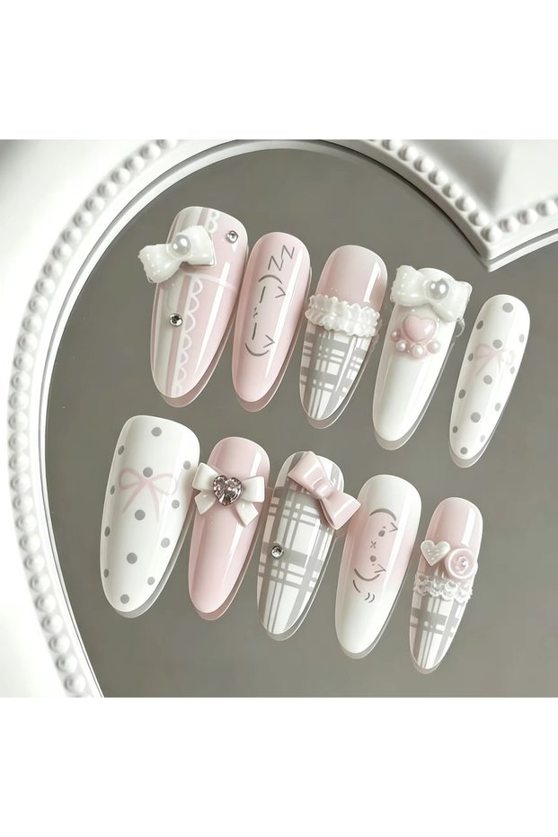 MTNKX-S 10 Pieces of Hand Pressed Almond Shaped Nails, Beautiful Fake Nails, Korean Style Pink White