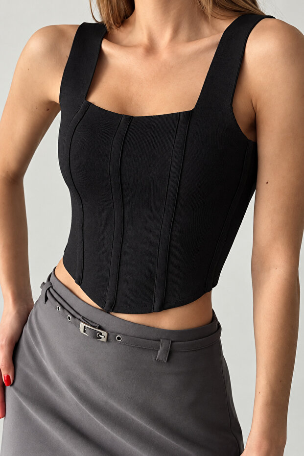 Black Corset-Look Knitwear Athlete Top