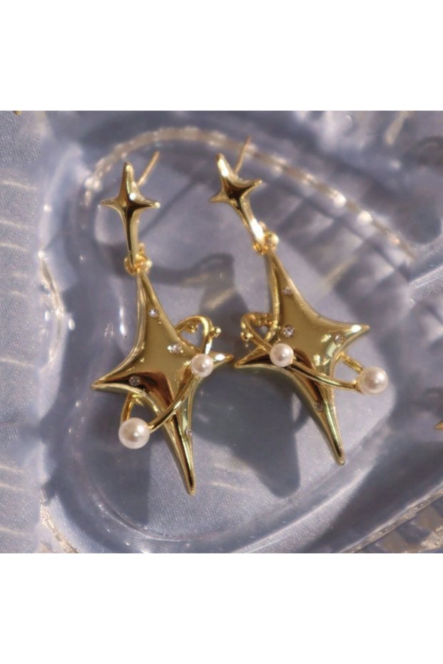 gold Punk Trendy Cross Star Planet With Pearl Earrings Hip Hop Y2k Style Jewelry For Women and Men F