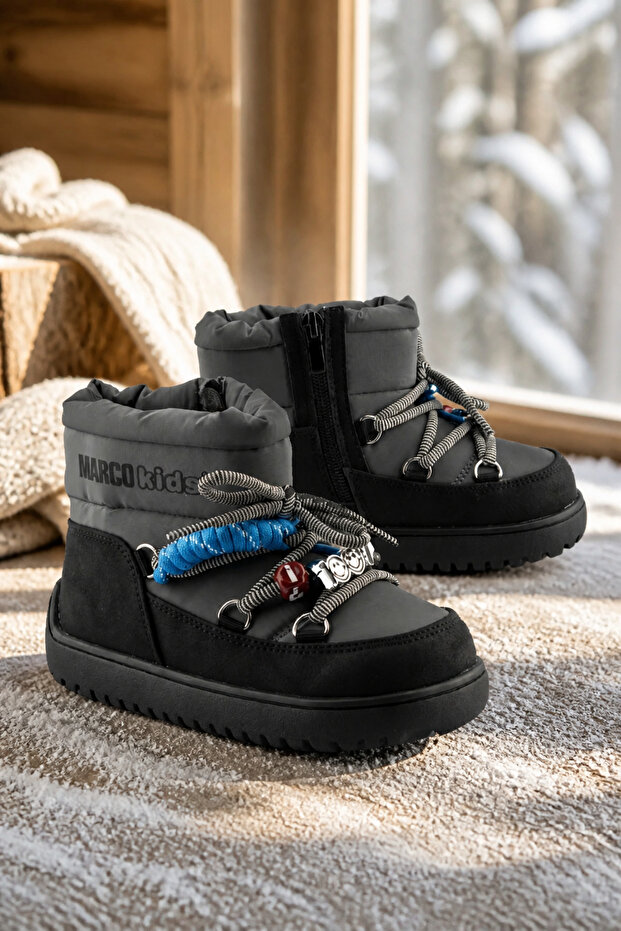 Stylish Anatomical Boys' Black Zippered Lace-Up Casual Boots Shoes