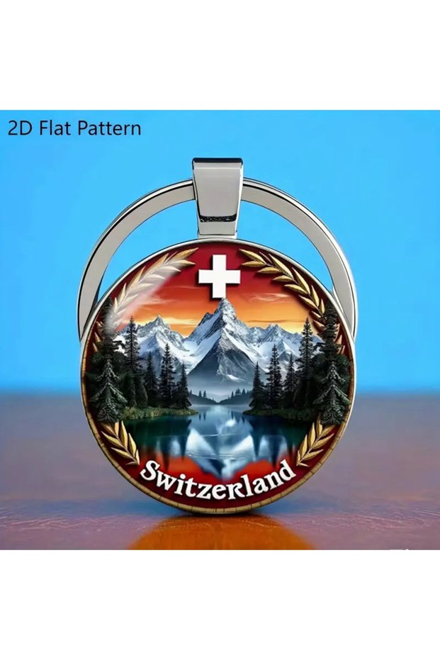 1pc 2D Flat Swiss Alps Keychain – Matterhorn & Swiss Flag, Gift for Father's Day Birthday Mother's D