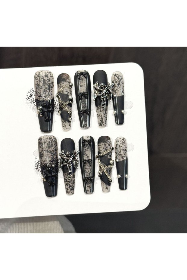 K100-S 10PCS Stiletto Handmade Press On Nails, Cross Y2K, Two-Dimensional Spice Girl Dark Wind, Suit