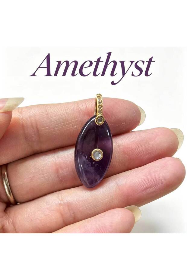 Amethyst 1pc Natural Stone Pendant Amethyst Tiger Eye Oval Water Drop Inlaid Zircon Charms Pendant D