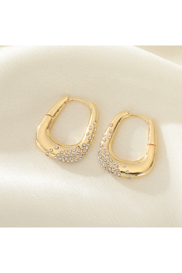 Gold-color Luxurious Style U-Shaped Earrings Set with Artificial Gemstones, Made of Copper, for Ladi