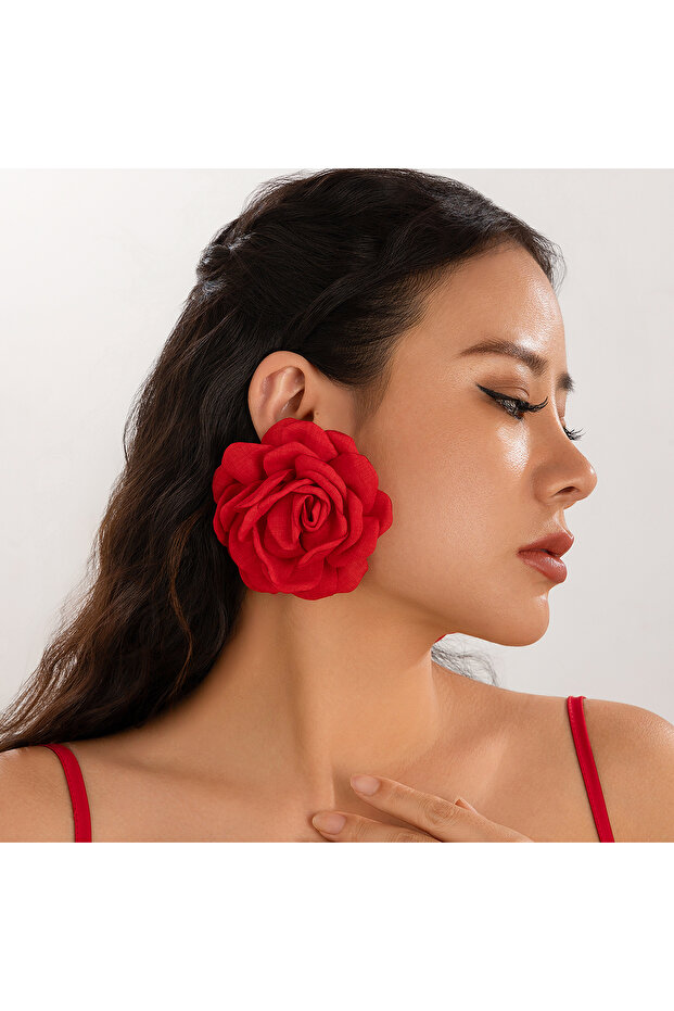 Red Salircon Exaggerated Large Rose Flower Earrings For Women 2024 Statement Pierced Stud Earrings L