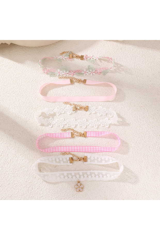 Pink 8pcs/set Cute Floral Ribbon Choker Set – Velvet & Lace Tie Necklace, Sweet Everyday Accessory.